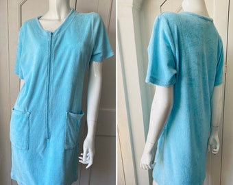 Vintage 1960s towelling beach mini dress zip front pockets Turquoise cotton Terry towelling