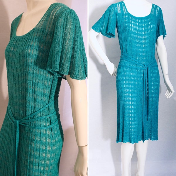 Mary Farrin vintage 1970s midi dress with butterfly sleeves and 3 strand belt.
