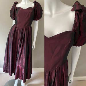 Vintage 80s Laura Ashley made in Ireland wine shot taffeta sweetheart neck ball gown, evening dress size 12