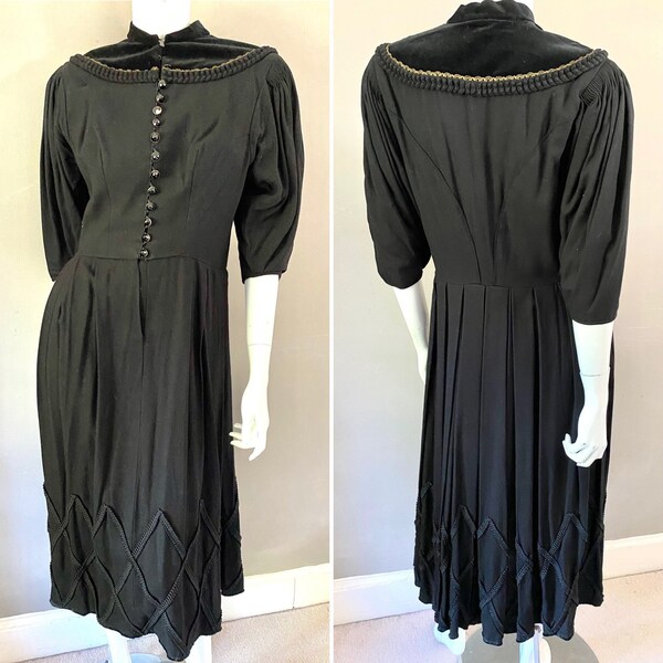 Vintage Johanna Rappel Tracht black wool pleated sleeves and skirt peasant prairie dress gem button bodice size uk 10