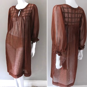 Georgia Charuhas de M Vintage 1970 designer mexicano artista mistura de algodão puro camponês vestido de verão marrom quente com alfinetes dobrados mangas bufantes tamanho 10 reino unido