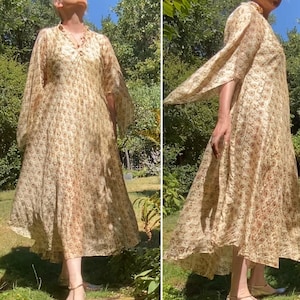 Mascot Vintage 1970s Indian Tissue paper thin Silk Block printed kaftan made in India.