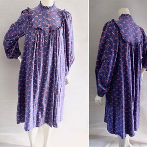 Laura Ashley Made in Carno Wales Unusual Blue abstract print brushed cotton Smock Dress high neck huge sleeves uk 10 on label