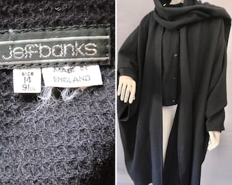 Chaqueta estilo capa de lana vintage con bufanda de Jeff Banks (mezcla de gofres negros, años 80)