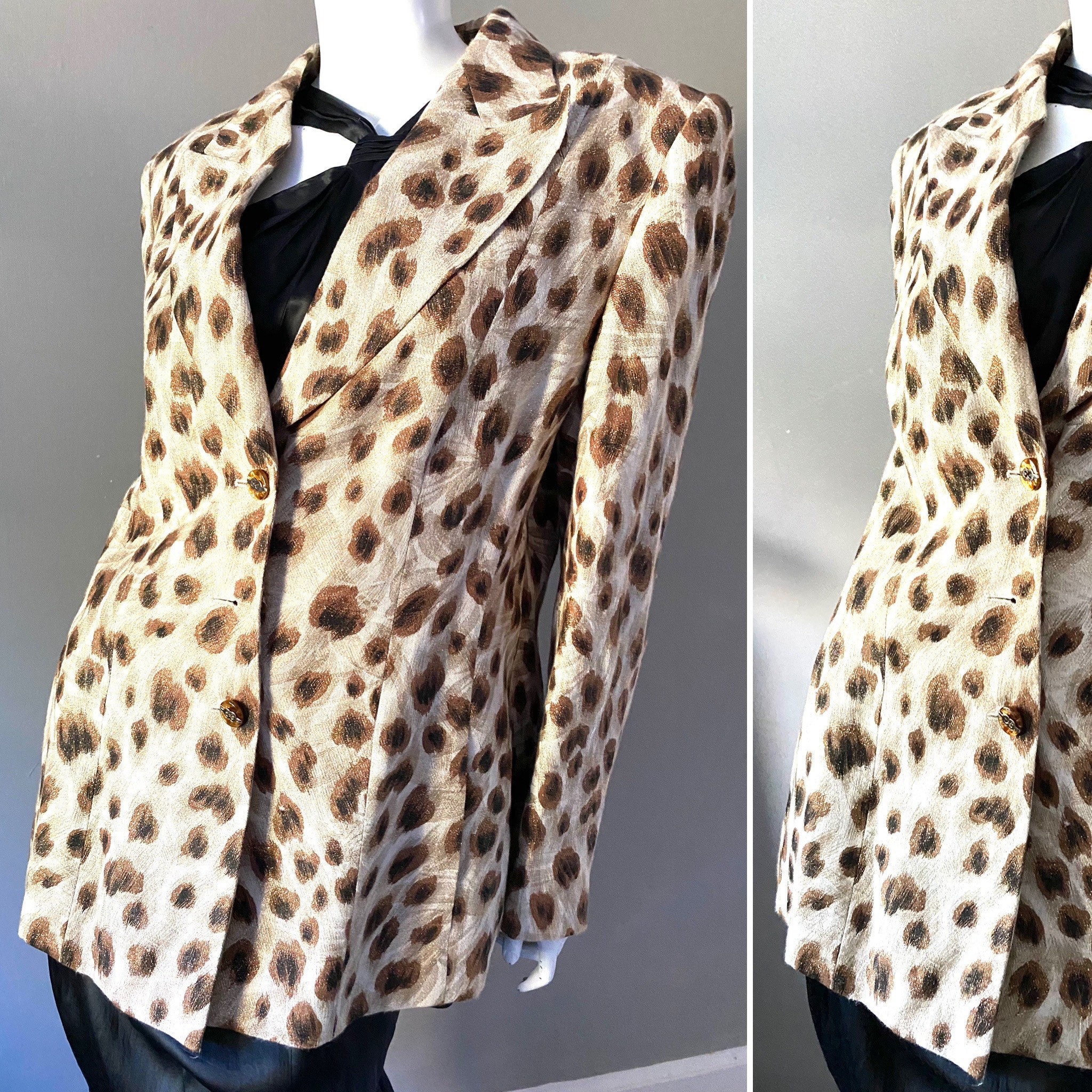 Vintage Escada 1980s Abstract Animal Print Linen and Gold