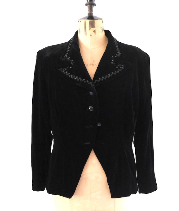 Couture 1930s Black Silk Velvet Fitted Evening Jacket With Jet Beads and Sharp Shoulders Etsy UK