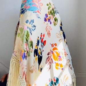 1930s Silk Devore Velvet Shawl Beautiful colour combinations .Bright Multicoloured Florals short fringe, rectangular shape . 35 x 50in