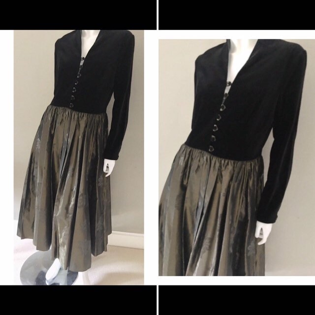 Image of Laura Ashley Vintage S Black Velvet & Bronze Rose Print Taffeta Evening Dress