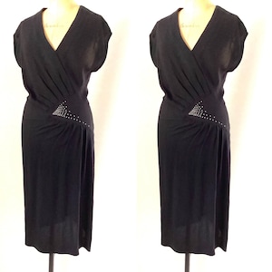 Xenoulla Vintage 1970s,70s, does 40s Moss Crepe Black Disco Dress with Diamante Motif Courtauld UK10