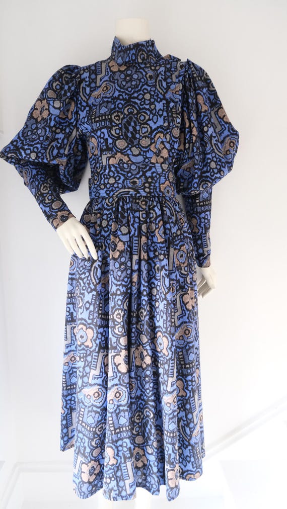 Droopy and Browns 1980s Edwardian Style Wool Print Dress: Vintage Lantern Sleeve Midi