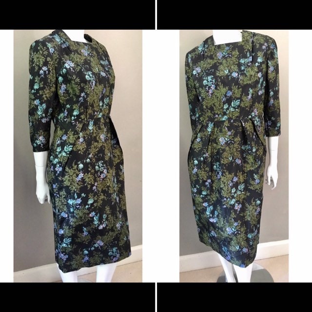 Image of Beautiful Handmade Late S Printed Silk Taffeta Autumn Floral Shift Dress