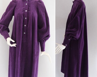 Laura Ashley Vintage 1970s 70s Corduroy smock dress purple balloon sleeves size uk 10
