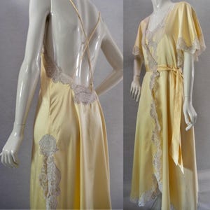 Rare Janet Reger 1970s 70s Night Dress and Neglegee Lingerie set Yellow Satin with Beige lace. 32in / 81cm