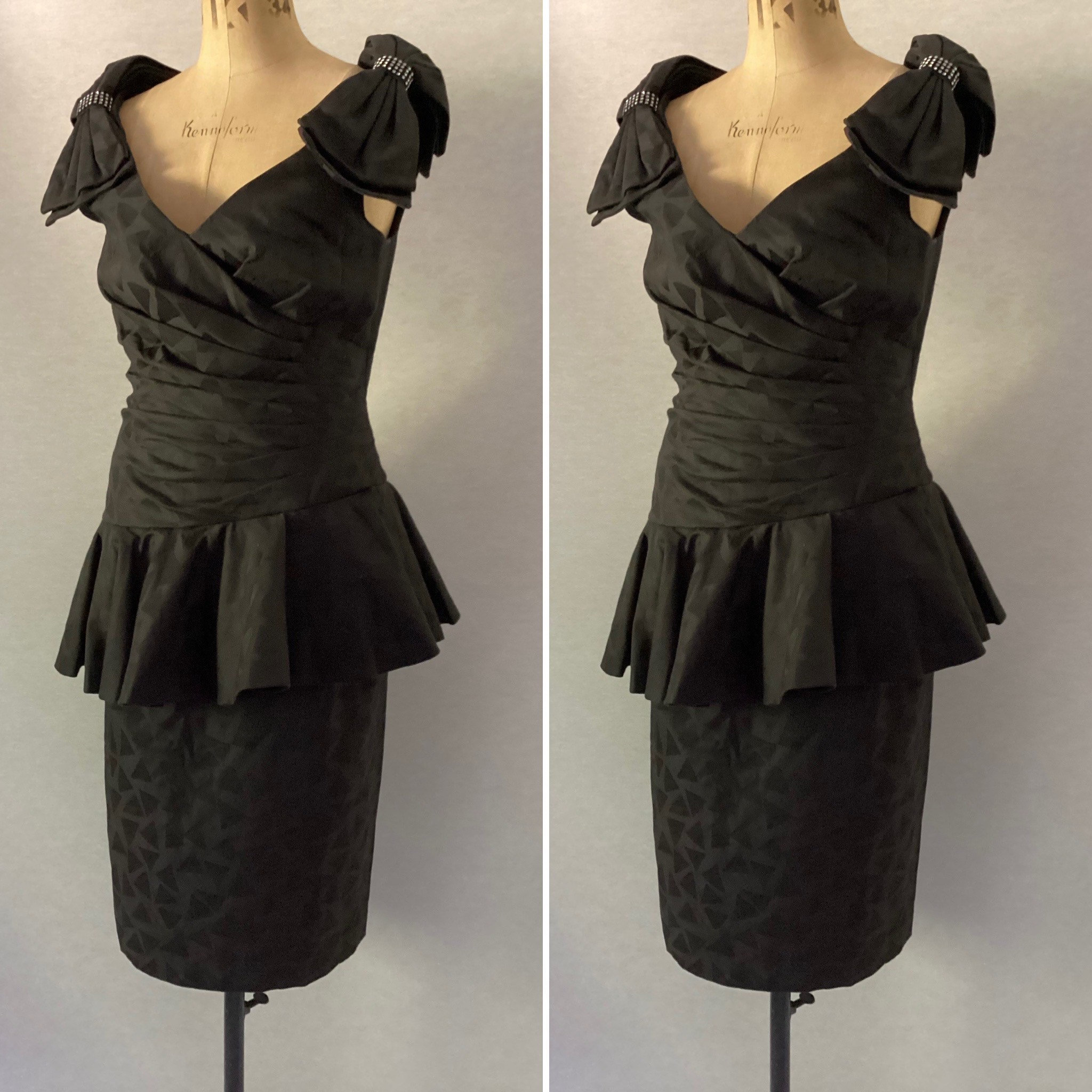 A J Bari Vintage 1980s 80s Black fitted peplum Party Cocktail Dress with Rhinestones Bows Frills