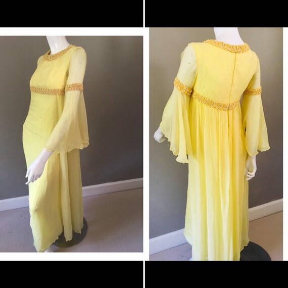 Vintage 1960s romantic yellow chiffon column dress
