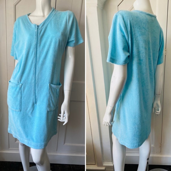 Vintage 1960s towelling beach mini dress zip front po… - Gem
