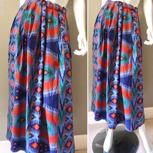 Perry Ellis Vintage 1980s Ikat Print heavy cotton gathered midi length skirt multi coloured size s