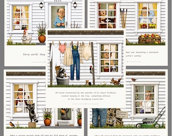 Homebodies First Set Bundle, 5 Printable Art Cards, Funny 6x6 Digital Downloads, Whimsical Illustration