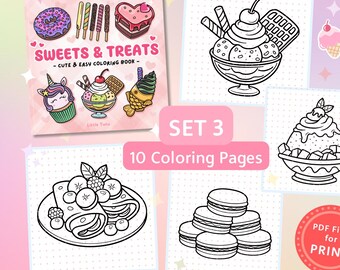 スイートトリートのぬり絵：かわいいデザート、セット3（PDFダウンロード）
