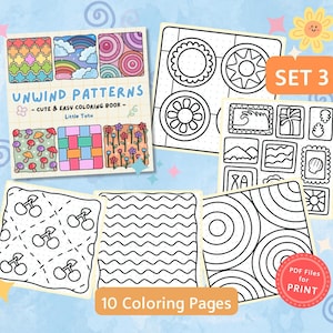 May include: A set of 10 coloring pages featuring simple patterns and designs. The pages are black and white and include a variety of shapes, such as circles, squares, and waves. The title "UNWIND PATTERNS - CUTE & EASY COLORING BOOK - Little Tutu" is at the top of the page. The text "SET 3" is in a yellow box at the top right corner of the page. The text "10 Coloring Pages" is at the bottom of the page. The text "PDF Files for PRINT" is in a red circle at the bottom right corner of the page.