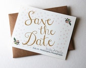 Customizable Wedding Save the Dates with Polka dots and Flowers in Pink, Gold, Blush, and Peach, 4.25x5.5" Cards with Kraft Envelopes