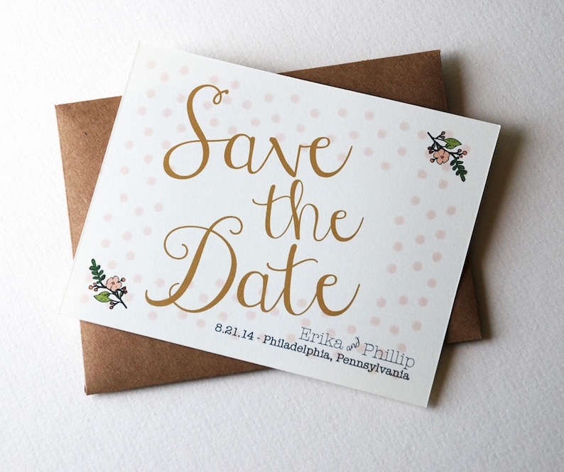 Customizable Wedding Save the Dates with Polka dots and Flowers in Pink, Gold, Blush, and Peach, 4.25x5.5