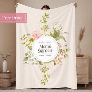Manta con nombre personalizada, regalo para mamá, diseño de flores para el mes de nacimiento del jardín para el día de la madre, recuerdo familiar, regalo de recuerdo personalizado para mamá