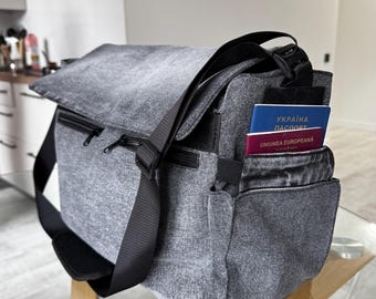 Custom Upcycled Denim Messenger Bag: Padded Laptop Shoulder Bag, 16 Inch Tech Organizer