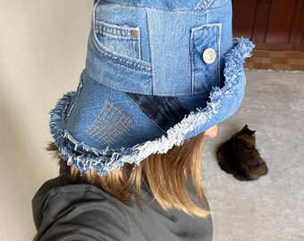Boho Denim Bucket Hat: Upcycled Vintage Style for Any Outfit  display picture 1
