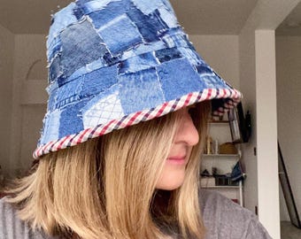 Handmade Upcycled Denim Bucket Hat: Sashiko Patchwork, Eco-Friendly