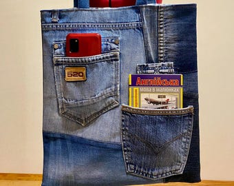 Bolso tote de mezclilla reciclada hecho a mano: bolso tote de lona patchwork sostenible