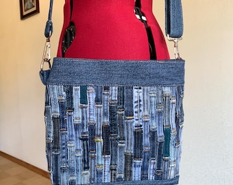 Handgemaakte denim patchwork schoudertas: geüpcycled jeans schoudertasje