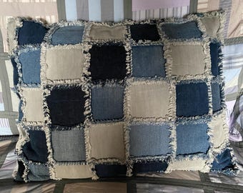 Handmade Sashiko Denim Pillowcase with Fringe