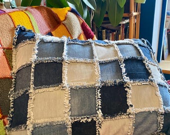 Handmade Sashiko Denim Pillowcase with Fringe