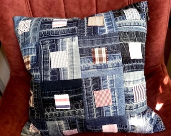 Handmade Patchwork Denim Pillow Cover with Hand Sewn Fabric Accents