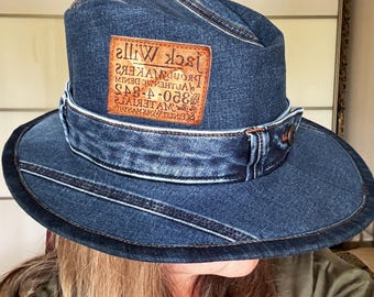 Denim Upcycled Western-Style Fedora Cowboy Hat, with Linen Interior—Adjustable SIZE For a Custom Fit