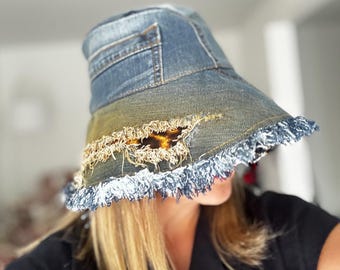 One of a Kind Upcycled Denim Bucket Hat | Frayed Raw Edge with Leopard Print Cutout Detail | Handmade Sustainable Fashion | Size L-XL