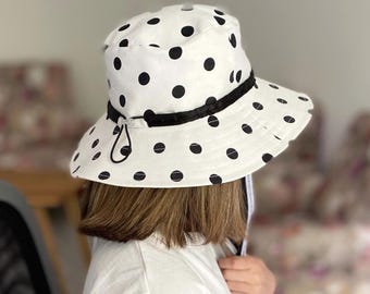 Chic White Polka Dot Sun Hat with Wide Brim – Perfect for Summer & Beach Days Custom Size, Perfect Gift idea