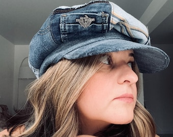 Upcycled Denim Newsboy Cap — Unique Patchwork Design, Handcrafted Fashion Hat