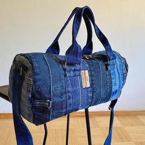Upcycled Denim Barrel Bag: Handmade Patchwork Duffle with Adjustable Strap