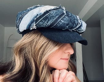 Upcycled Denim Newsboy Cap — Unique Patchwork Design, Handcrafted Fashion Hat