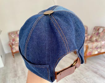 Handmade Fisherman Denim Brimless Docker Hat: Organic Leather Strap, XL Size Adjustable