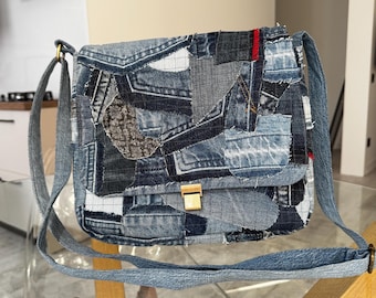 One-of-a-Kind Patchwork Denim Upcycled Jeans Crossbody Purse