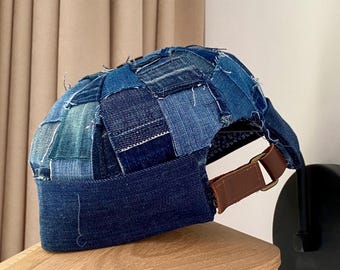 Handmade Patchwork Denim Brimless Hat: Upcycled XL Cap with Leather Strap
