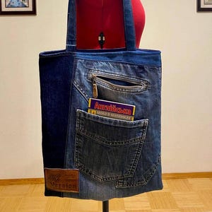 Handgemaakte denim draagtas — handgemaakte upcycled canvas draagtas, duurzaam cadeau
