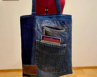 Bolso tote de mezclilla hecho a mano — Bolso tote de lona reciclada hecho a mano