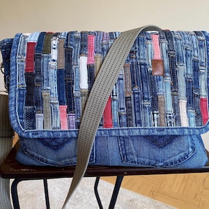 Shoulder Bag with Joint Jeans Cuts Patchwork Flap