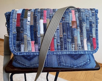 Shoulder Bag with Joint Jeans Cuts Patchwork Flap
