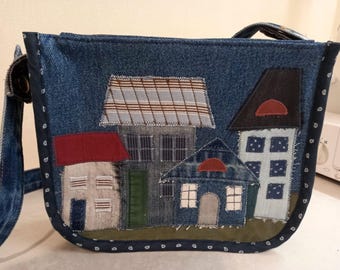 Handmade Denim Kids Lunchbox Bag with Appliqué Houses Design