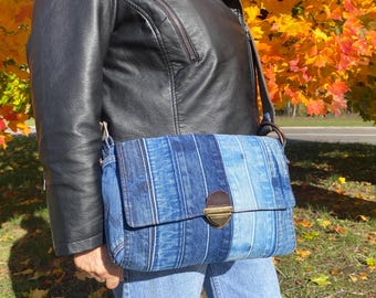 Upcycled Denim Messenger Bag with Strap, Metal Closure, Black Nylon Lining & 2 Interior Pockets
